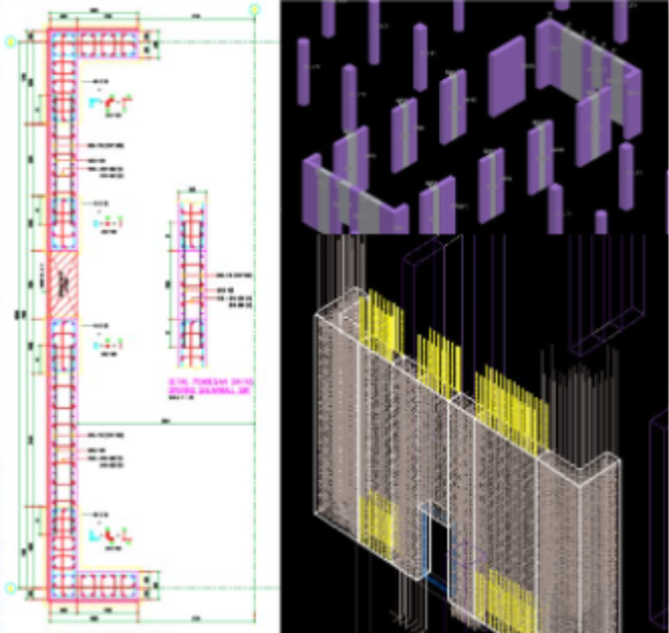Side-by-side 2D drawing and 3D visualization of rebar layouts generated with Glodon Cubicost TRB, following Indonesian SNI structural&nbsp;standards.