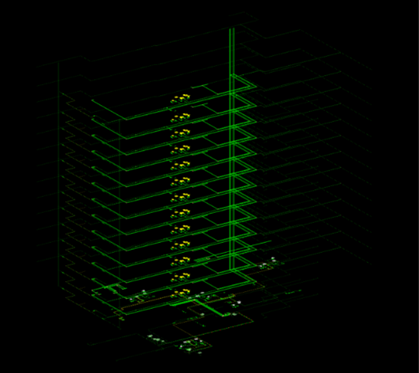 3D model view of the plumbing and sanitary system for Pine Grove Parcel B project, showing sanitary wares and vertical piping works generated in Glodon Cubicost TME for accurate quantity take-off.