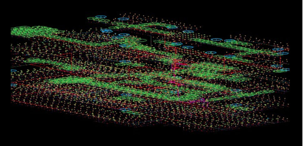 A detailed 3D model showing the sprinkler and piping network created using Cubicost TME, displaying system routes across levels to enhance measurement traceability and accuracy.